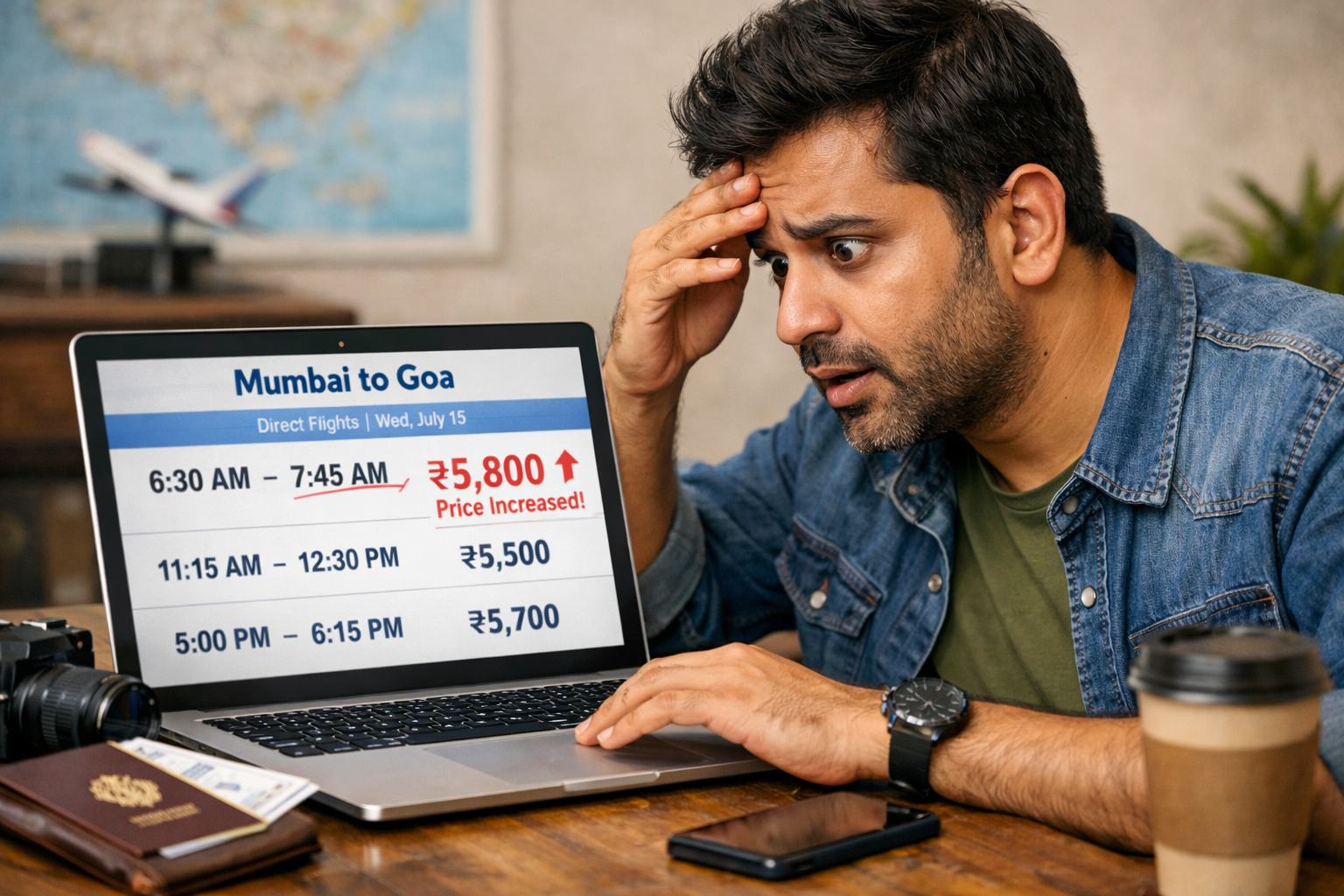 Indian traveler noticing sudden flight price increase while booking tickets online