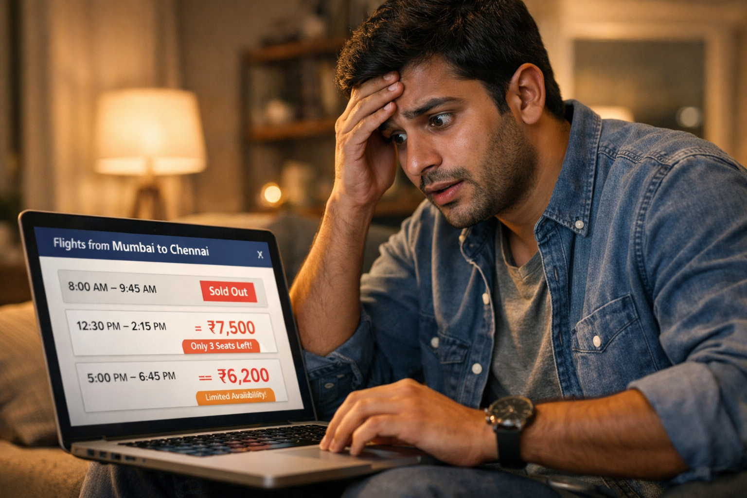 Traveler stressed about rising flight prices while booking online